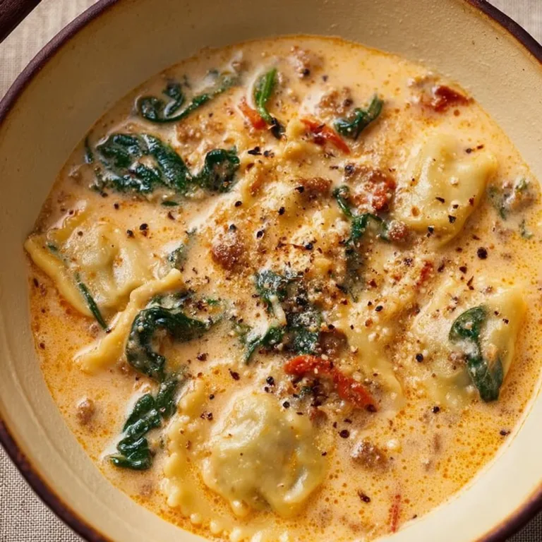 Bowl of creamy Tuscan Ravioli Soup garnished with herbs