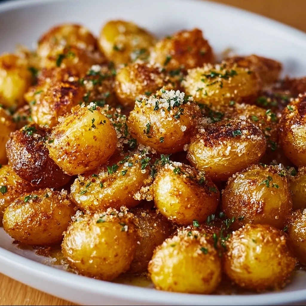 Crispy Parmesan crusted baby potatoes on a white plate