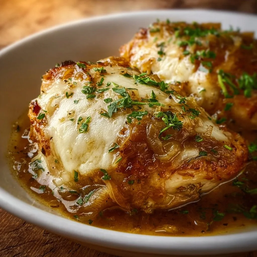 Crock Pot French Onion Chicken with melted cheese and caramelized onions