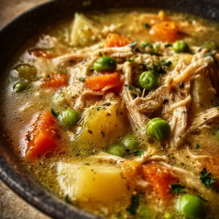 Crockpot Chicken Pot Pie Soup served in a bowl with fresh herbs on top.