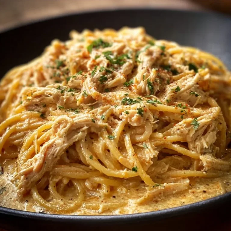 Crockpot Chicken Spaghetti served in a bowl with herbs and cheese