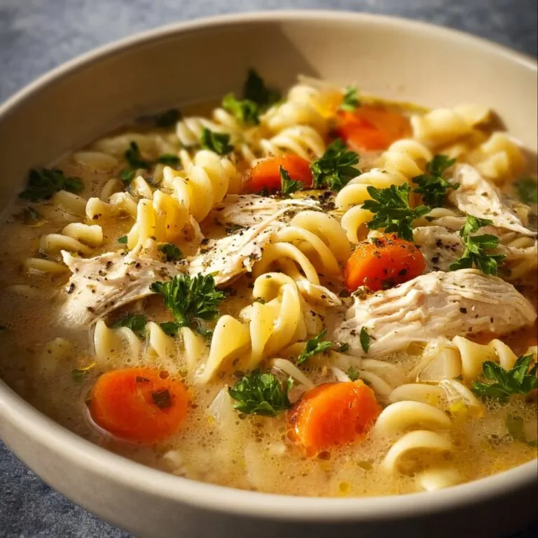 Bowl of creamy chicken noodle soup made in a crockpot with fresh ingredients.