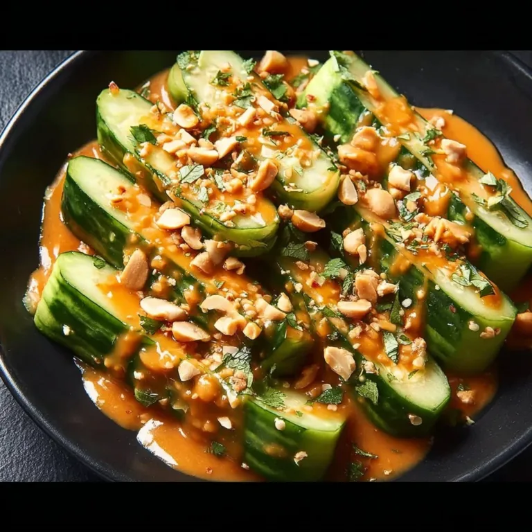 Cucumbers drizzled with spicy peanut sauce, garnished with herbs for a delicious appetizer.