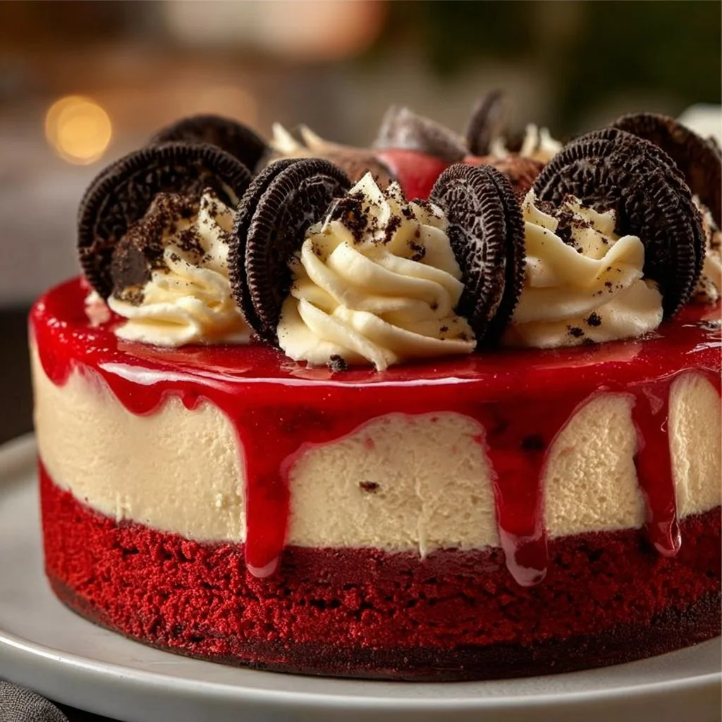Decadent Oreo Red Velvet Cheesecake drip cake with rich frosting and Oreo topping