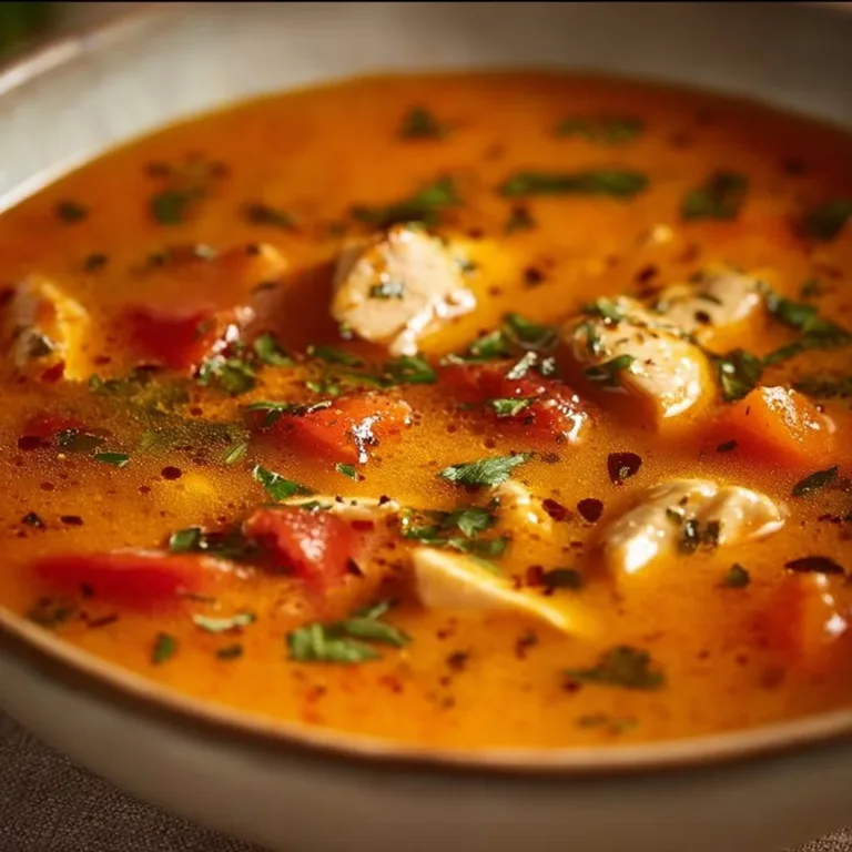 Bowl of delicious paprika chicken soup garnished with fresh herbs