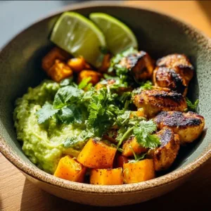 Easy avocado mojo bowls featuring sweet potato and chicken topped with fresh herbs