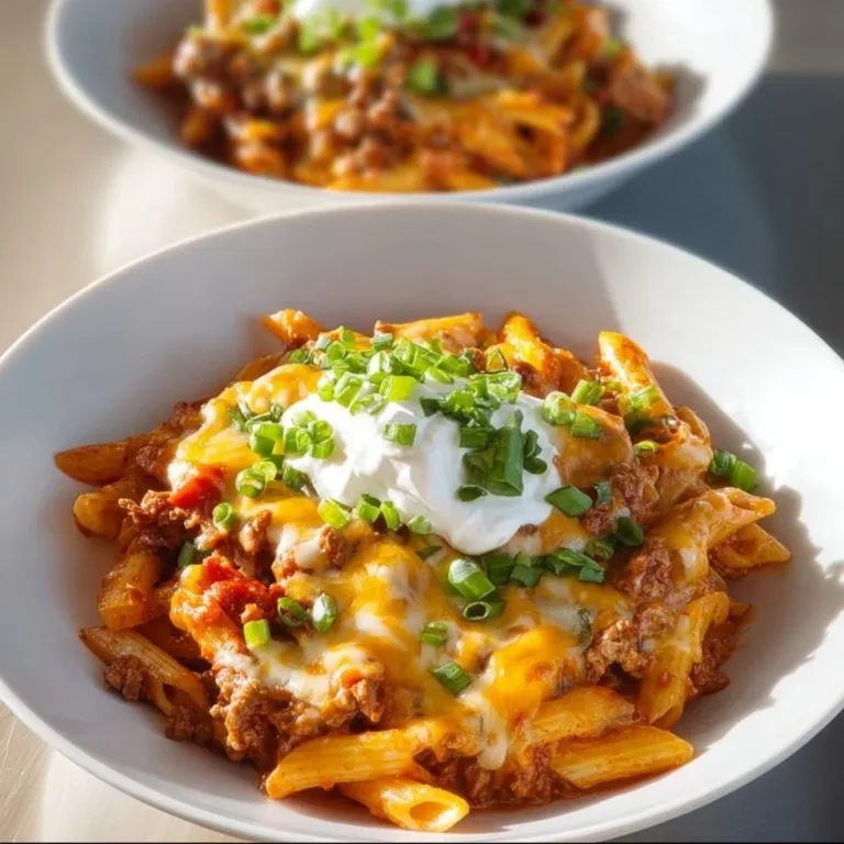 Plate of easy beef enchilada pasta garnished with cilantro and cheese