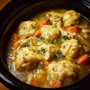 Bowl of easy Crockpot Chicken and Dumplings garnished with parsley