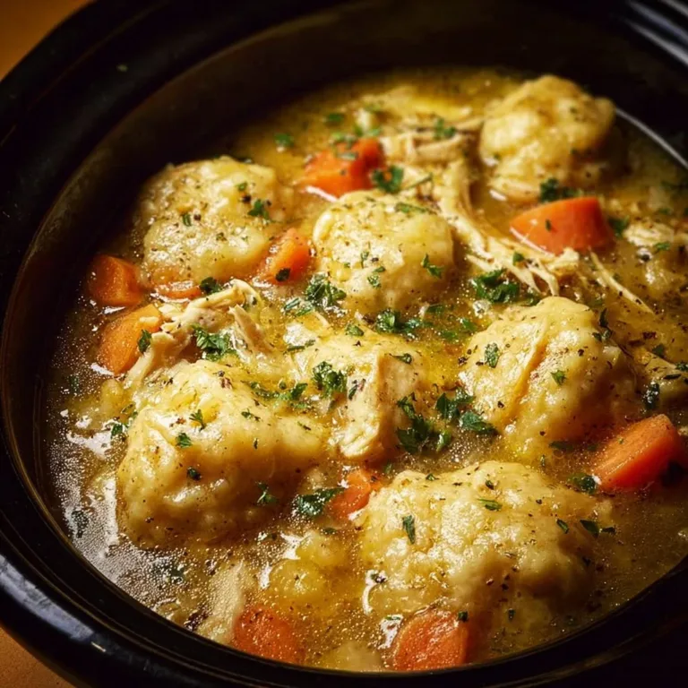 Bowl of easy Crockpot Chicken and Dumplings garnished with parsley
