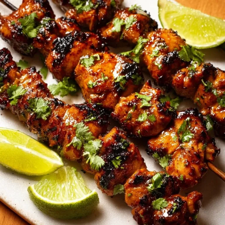 Easy Peruvian grilled chicken skewers on a plate garnished with herbs