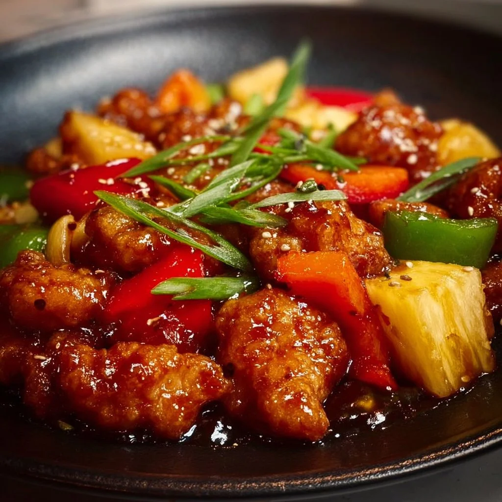 Homemade easy sweet and sour chicken served with rice and vegetables