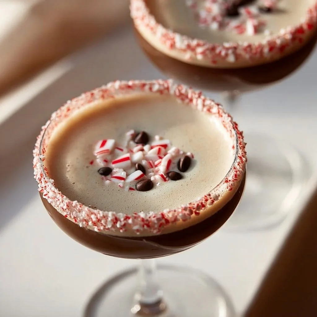 Festive peppermint espresso cocktail served in a holiday-themed glass.