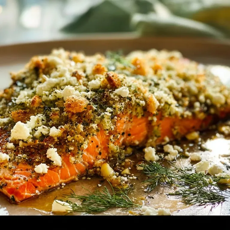 Feta herb-crusted salmon served with fresh vegetables on a plate