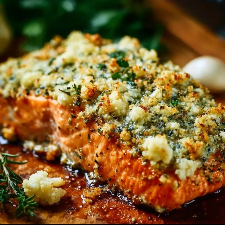 Delicious feta herb-crusted salmon on a plate garnished with herbs.