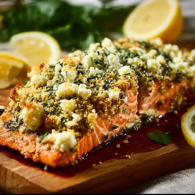Feta herb-crusted salmon served on a plate with garnish