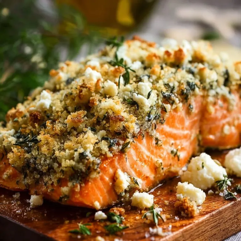 Feta herb-crusted salmon served on a plate with fresh herbs and lemon slices.