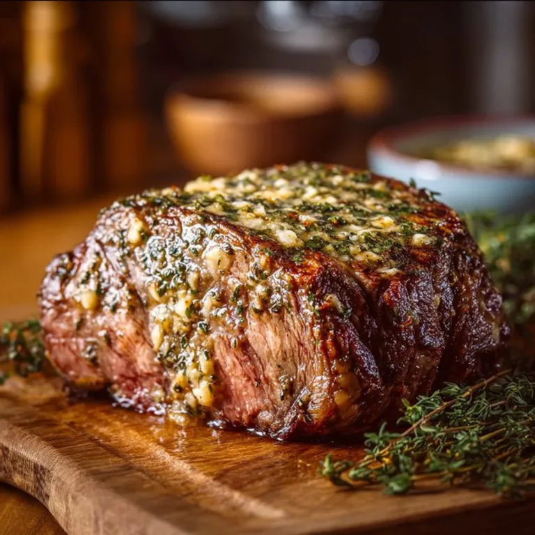 Delicious Garlic Butter Ribeye Roast garnished with herbs for a flavorful presentation
