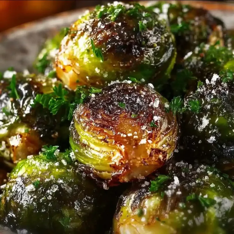Crispy garlic butter roasted Brussels sprouts served on a plate