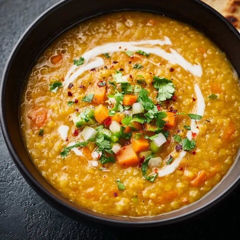Bowl of delicious Golden Lentil Soup with fresh herbs and spices