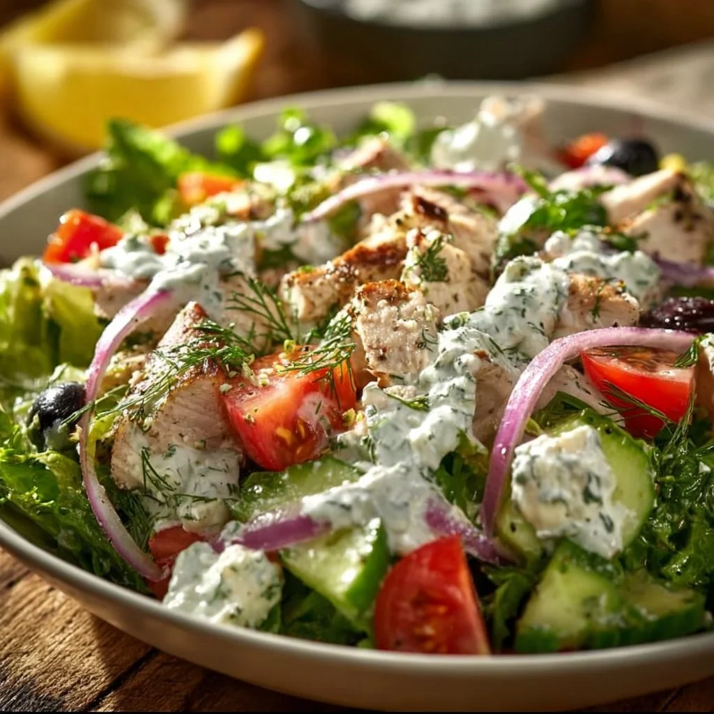 Delicious Greek Chicken Salad with feta cheese, olives, and fresh vegetables
