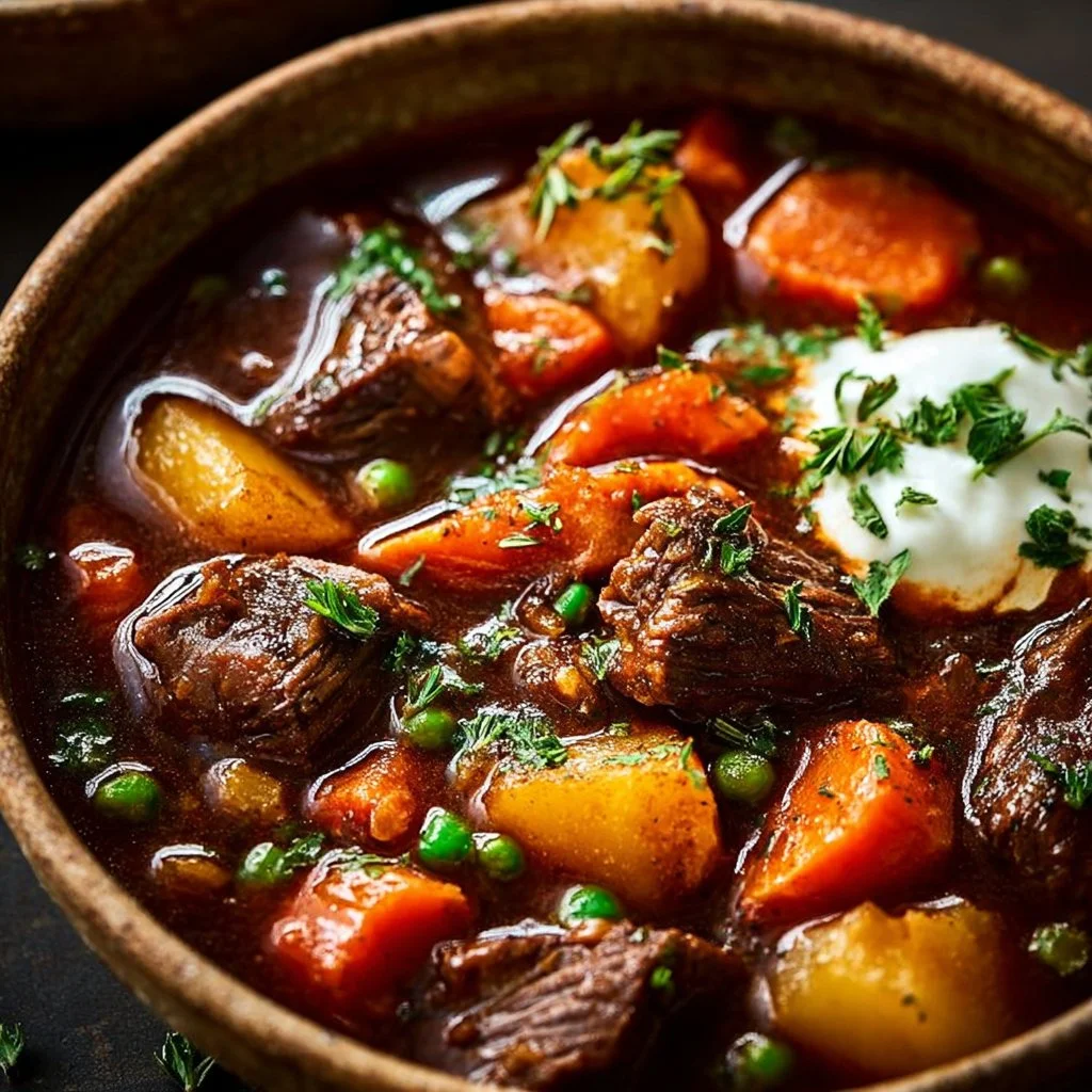 Delicious bowl of Guinness beef stew with vegetables and herbs
