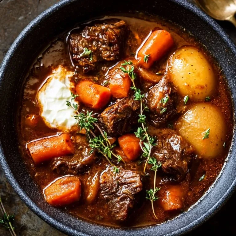 A bowl of hearty Guinness Beef Stew with tender meat and fresh vegetables