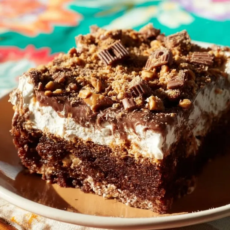 Heath Bar Cake topped with chocolate and toffee bits, perfect dessert