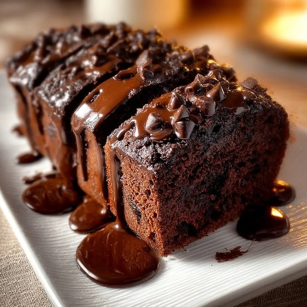 Hot fudge brownie bread topped with rich chocolate fudge and served in slices.
