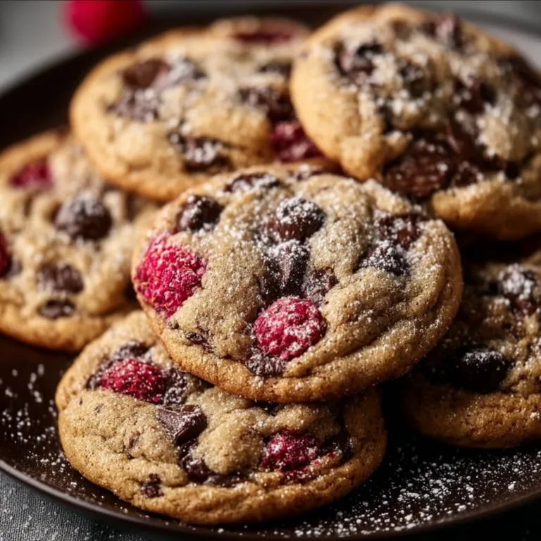 Irresistible brown butter raspberry chocolate chip cookies on a plate