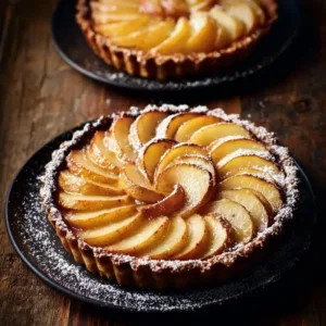 Irresistible quince and pear tart served with sweet cream ice cream on a plate