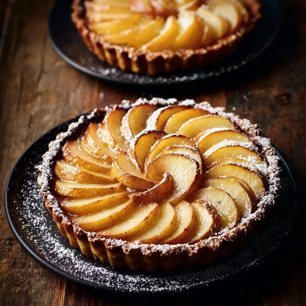 Irresistible quince and pear tart served with sweet cream ice cream on a plate