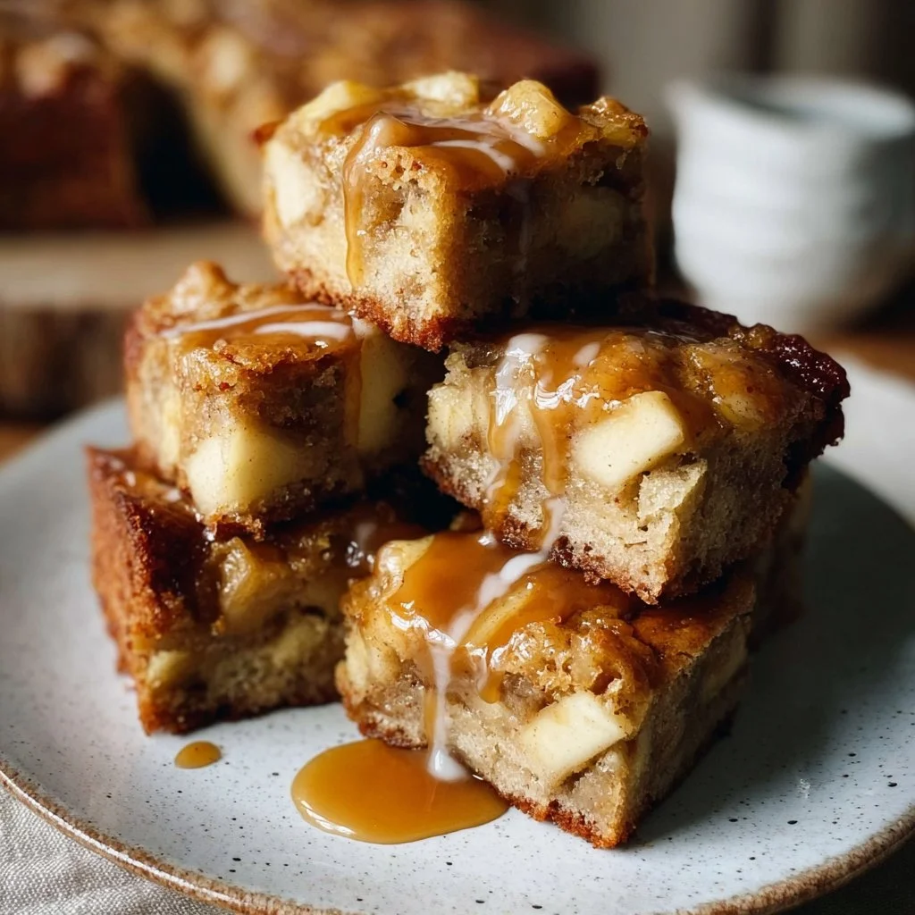 Delicious maple glazed apple blondies served on a plate.