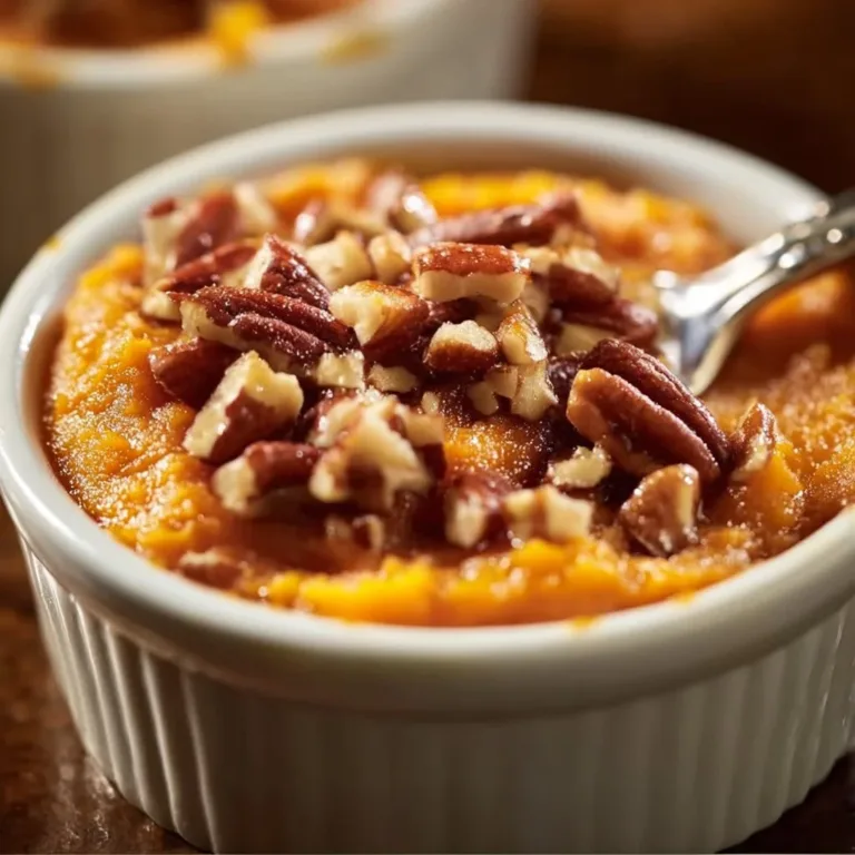 Delicious maple-pecan sweet potato bake with brown butter swirl served in a dish