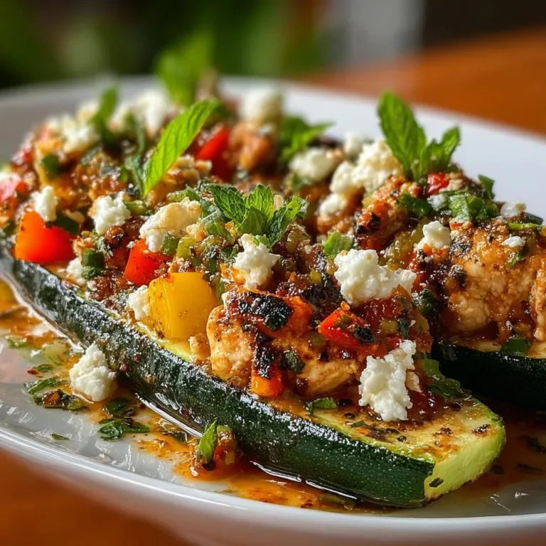 Mediterranean chicken stuffed zucchini boats garnished with herbs