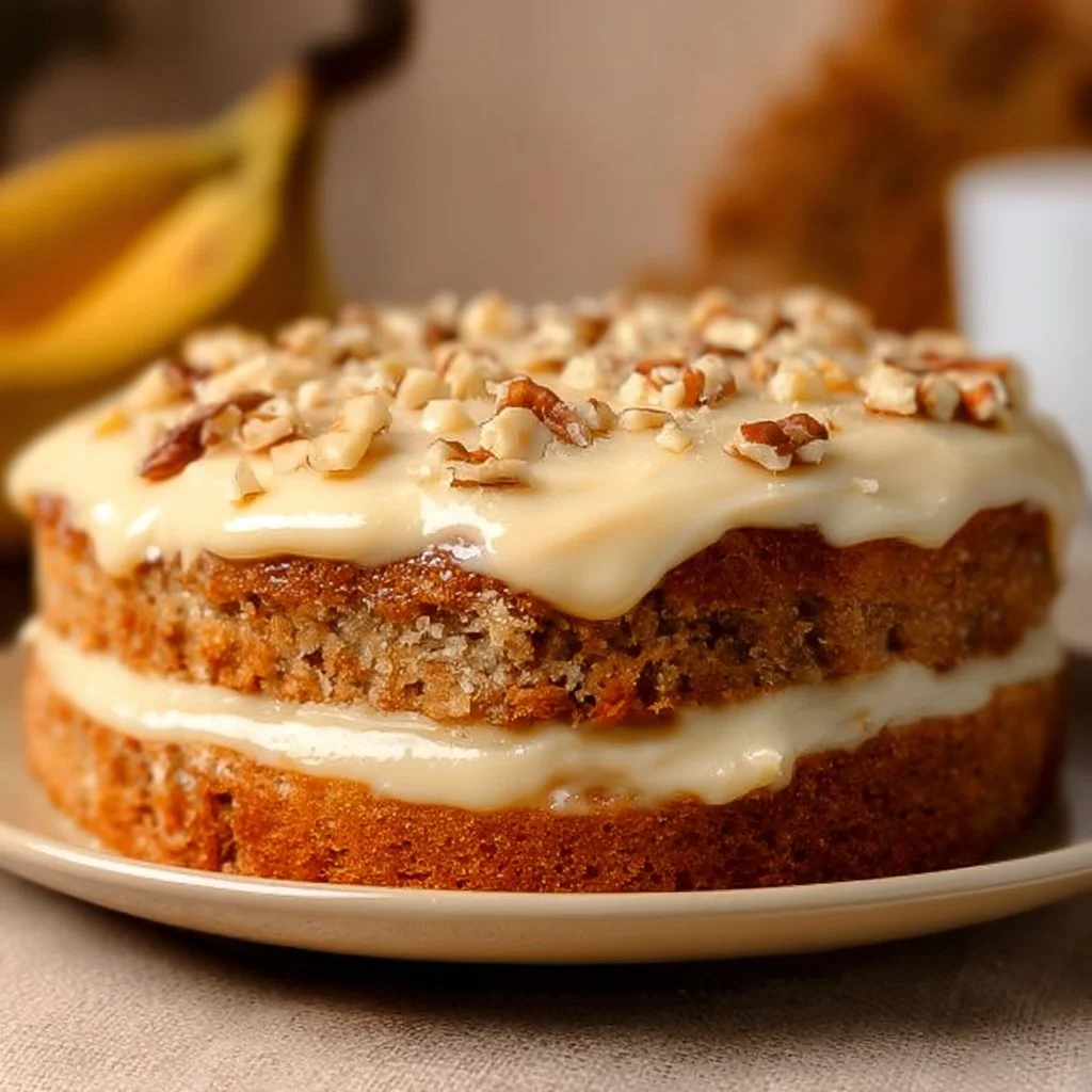 Moist banana cake with cream cheese frosting on a decorative plate.