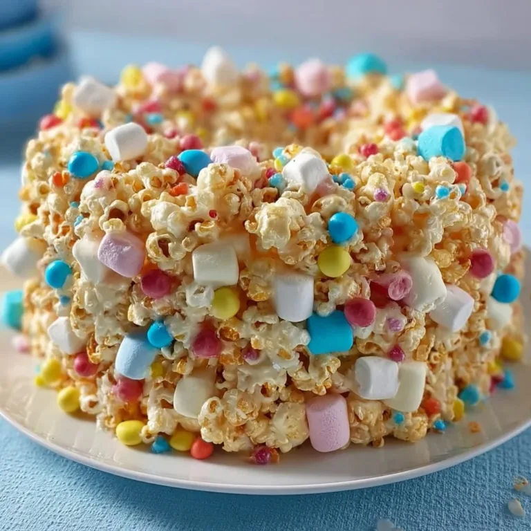 No Bake Popcorn Marshmallow Cake with popcorn, marshmallows, and colorful sprinkles