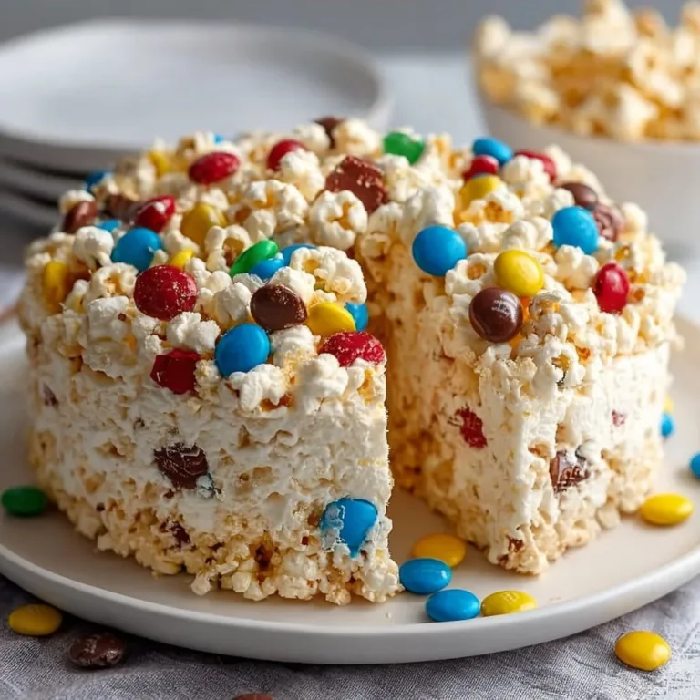No Bake Popcorn Marshmallow Cake topped with colorful sprinkles and popcorn