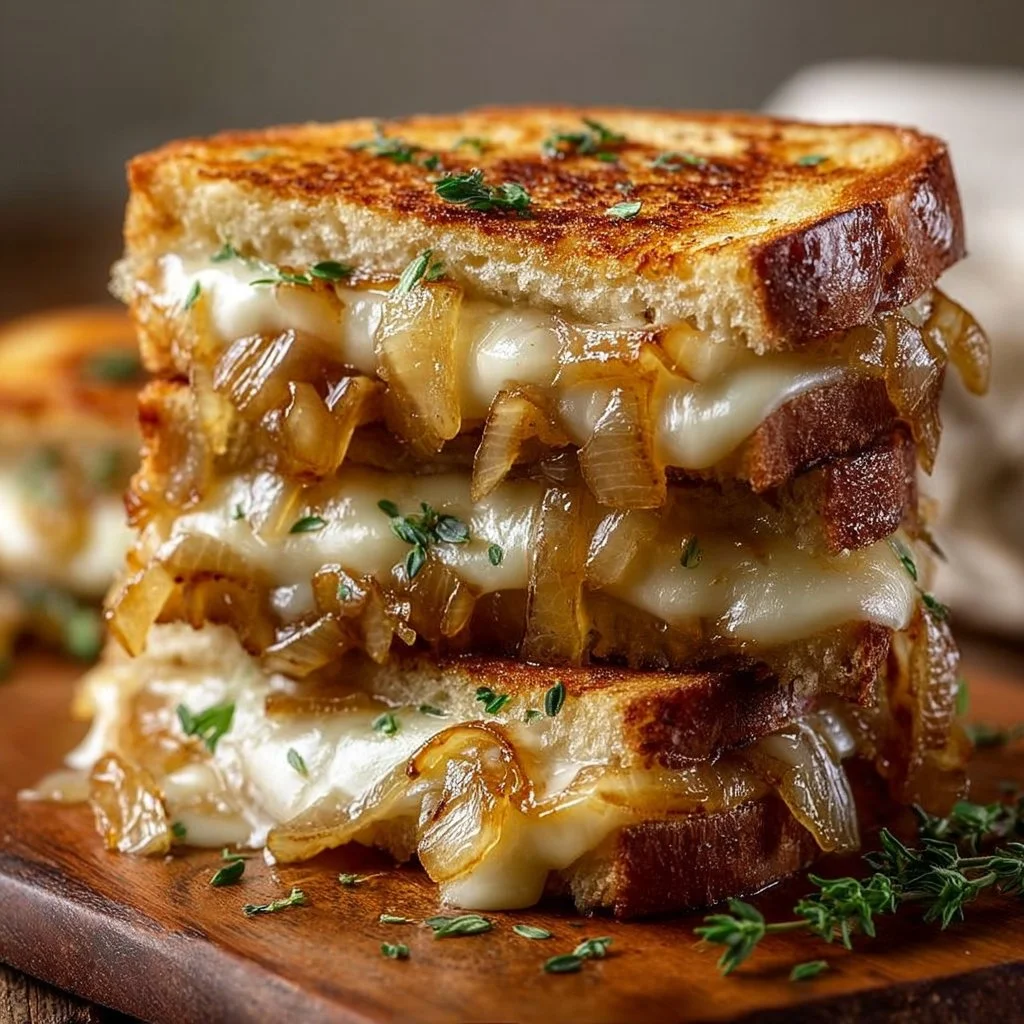 Pear and apple grilled cheese sandwich with caramelized onions