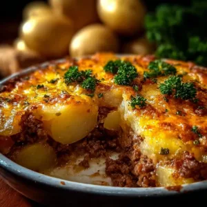 Delicious Potato Beef Casserole with layers of beef and creamy potatoes
