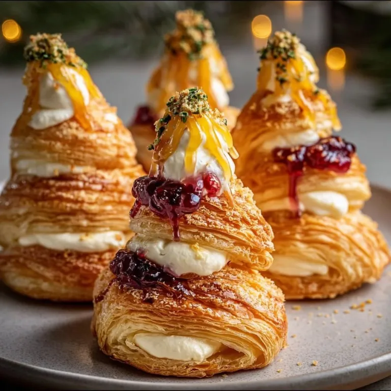 Puff pastry trees with burrata cheese and cranberry glaze