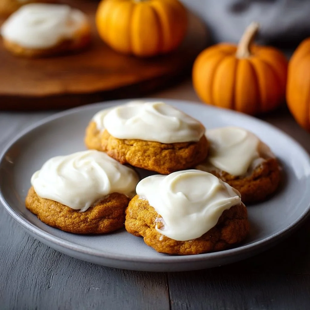 Delicious pumpkin cookies topped with creamy cream cheese frosting.