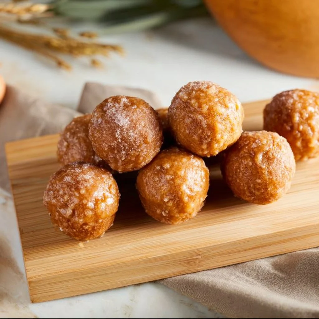 Freshly baked pumpkin donut holes dusted with cinnamon sugar
