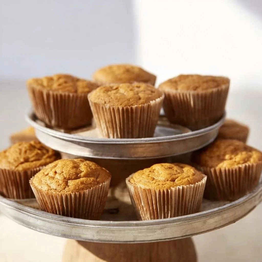 Freshly baked pumpkin muffins with a golden brown topping in a rustic setting.