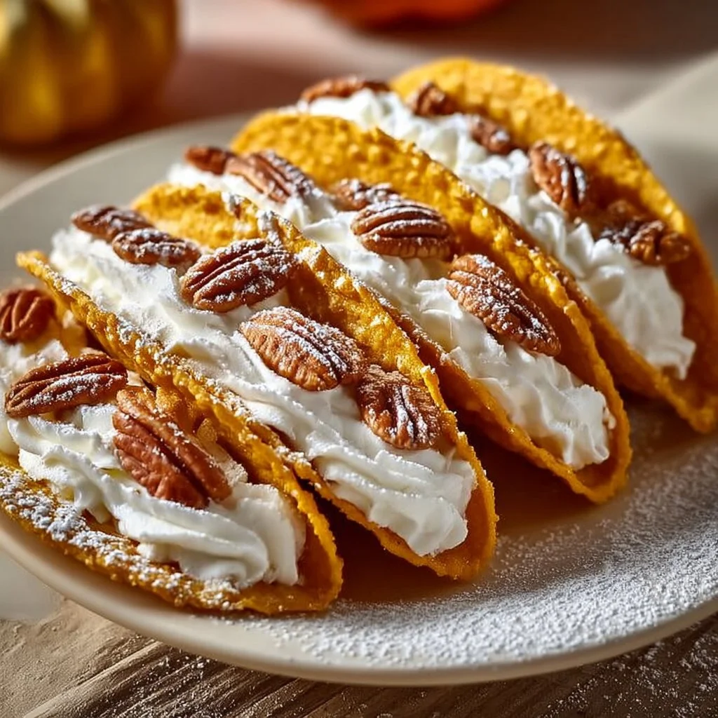 Delicious pumpkin pie tacos served on a plate, topped with whipped cream.