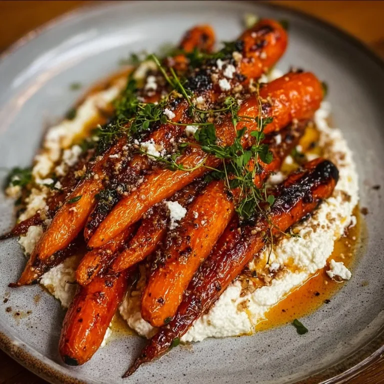 Baked roasted carrots drizzled with whipped feta cheese, garnished with herbs