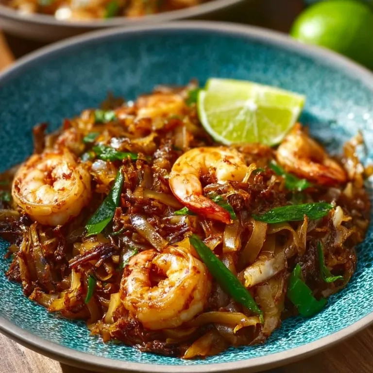 Delicious Char Kway Teow served in a bowl with shrimp and vegetables
