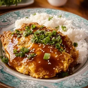 Plate of savory Chicken Egg Foo Young with vegetables and sauce