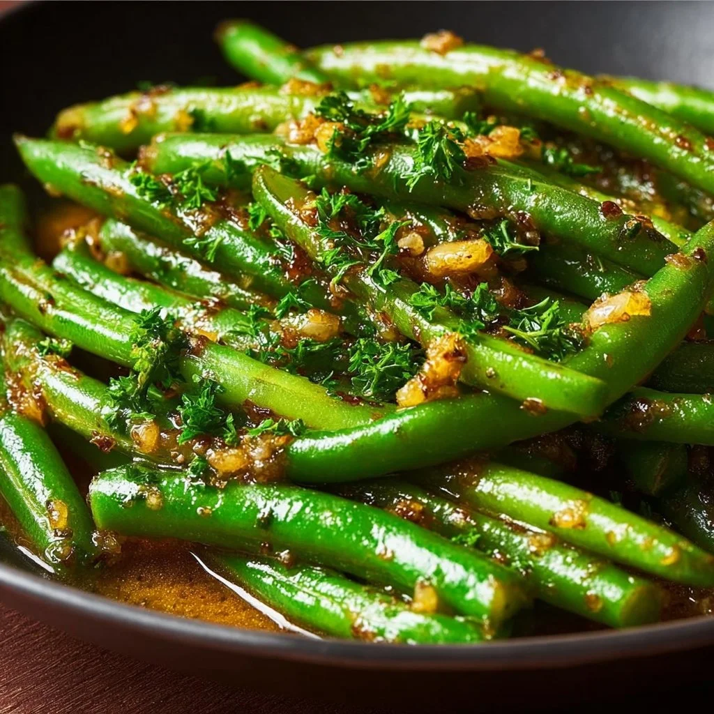 Savory garlic butter green beans served as a delicious side dish