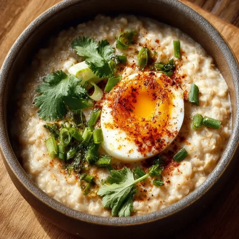 Bowl of savory oatmeal topped with miso, cheese, and a perfectly cooked egg.