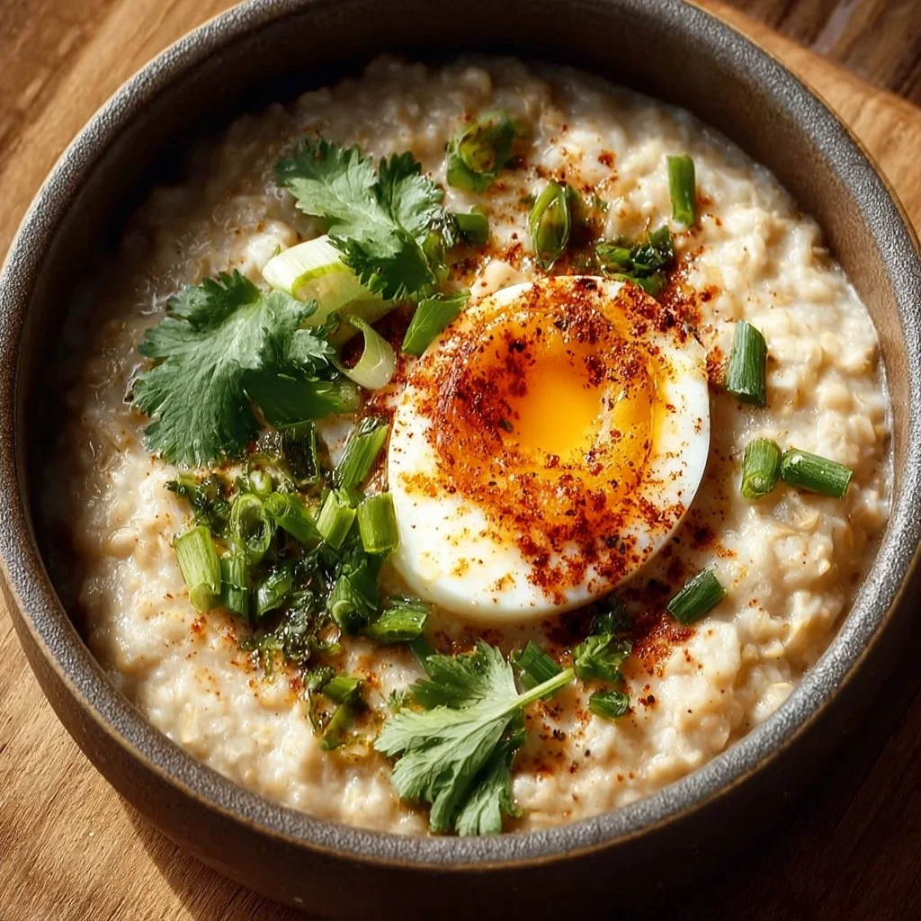 Bowl of savory oatmeal topped with miso, cheese, and a perfectly cooked egg.